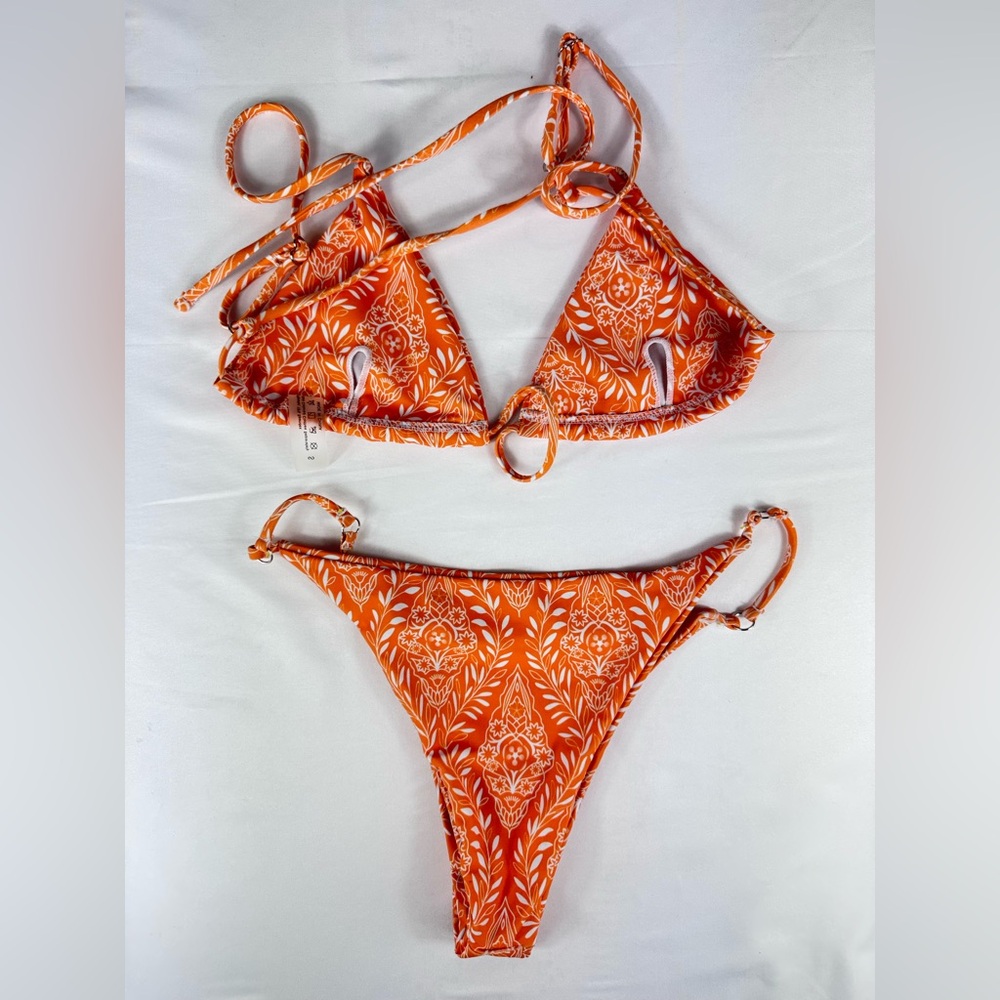 Shein 2 Piece Orange Plant Print Triangle Bikini - Picture 2 of 3
